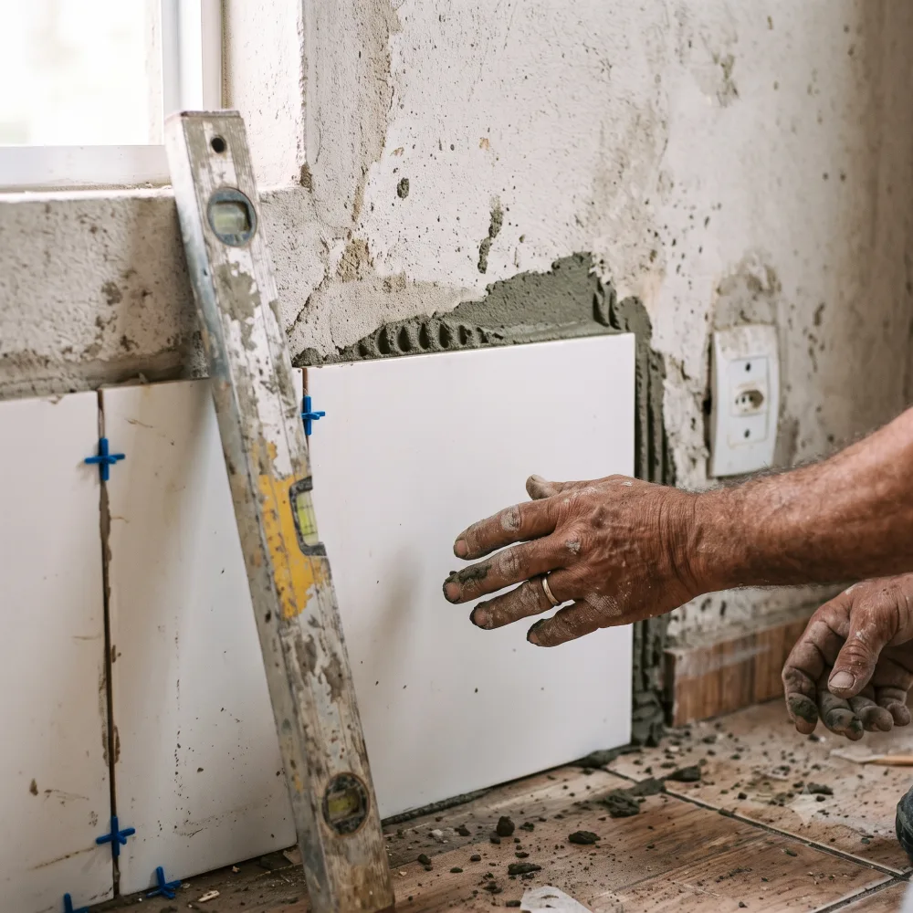 Pedreiro assentando azulejo com desempenadeira dentada