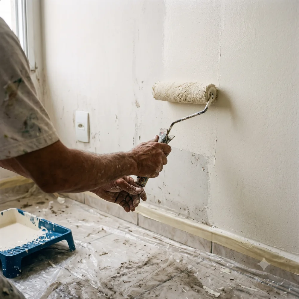 Pintor passando rolo de lã em uma parede interna
